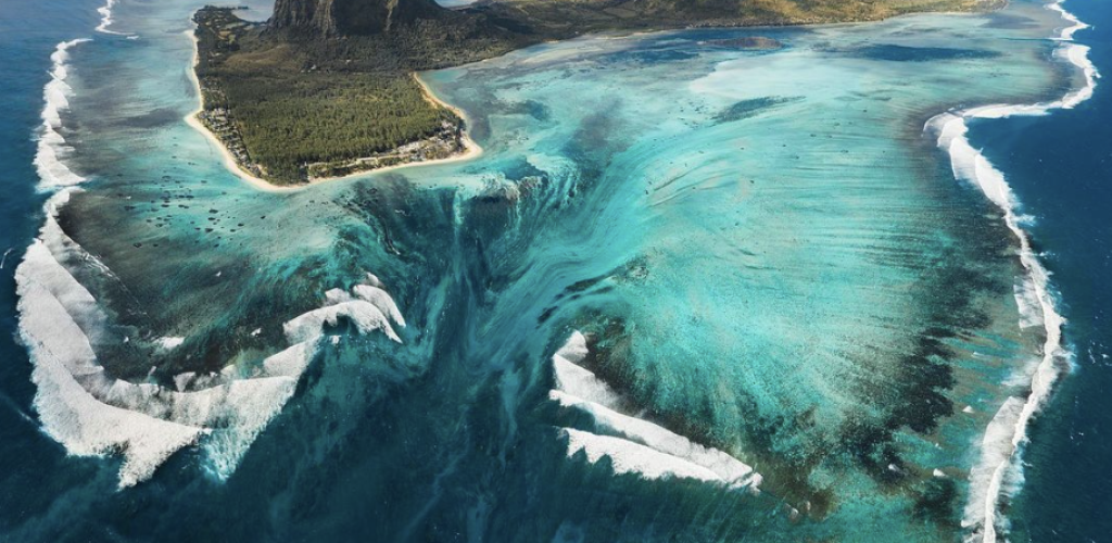 drone photos in mauritius: underwater waterfall